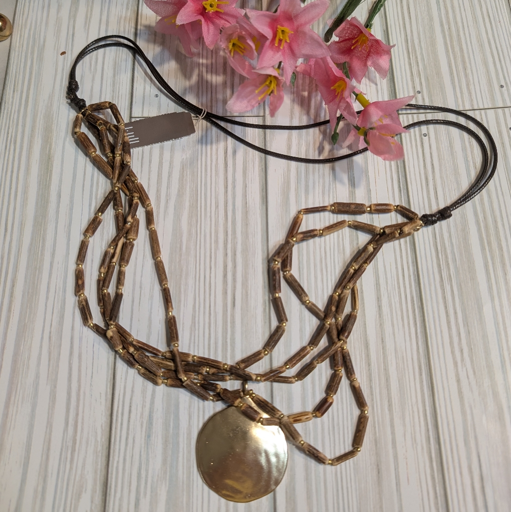 J Jill Multi-Strand Brown Wood Beaded Hammered Gold Pendant Necklace Nwt 18$